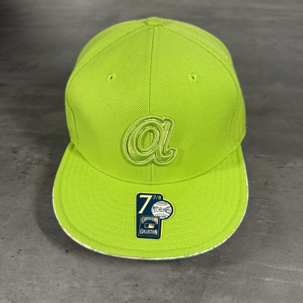 Vintage Atlanta Braves Hat Mitchell & Ness 7 7/8 Lime Green Wool Blend Paisley